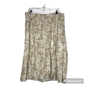 CJ Banks Midi Skirt Women’s 1X Tan White Palm Leaf Linen Blend Stretch Waist